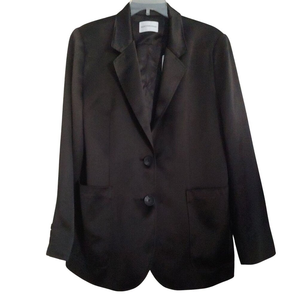 Herzen's Angelegenheit Black Satin Womens Blazer 2 Button Pockets Dressy 40